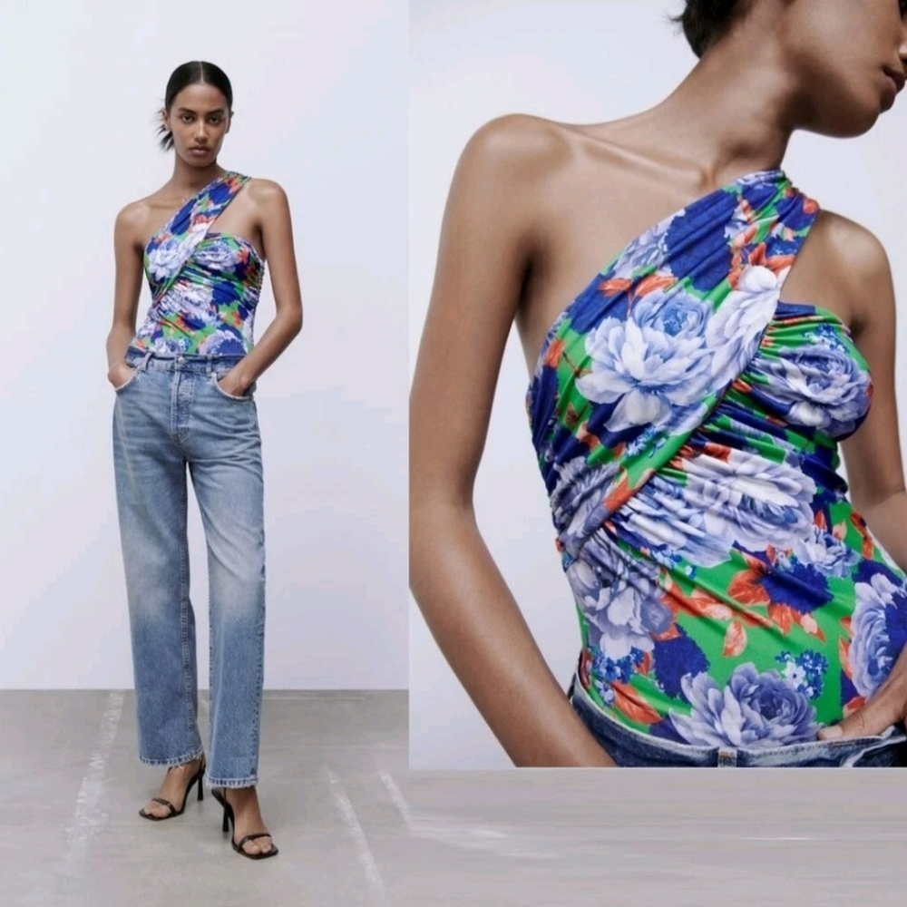 Zara Multicolor Floral One Shoulder Bodysuit Size M